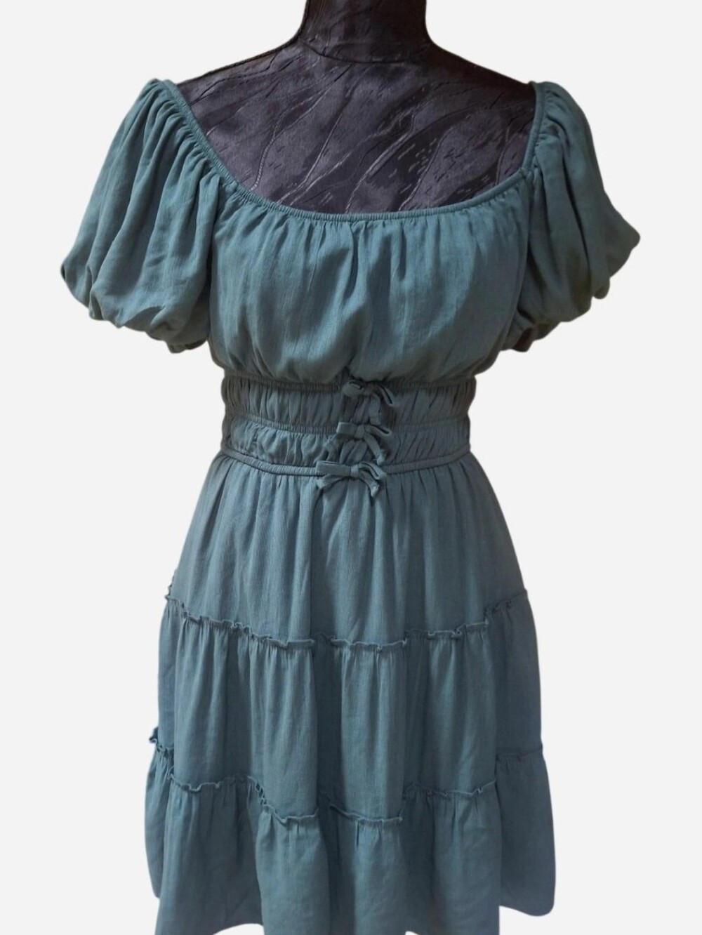 NWOT Trixxi Teal Smocked Puff Sleeve Tiered Mini Dress S